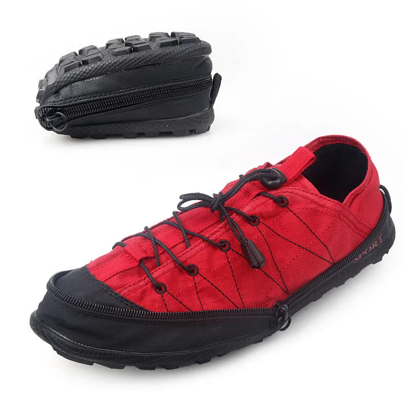 Portable folding outdoor hiking shoes with side zip in orange, black or grey mesh material
