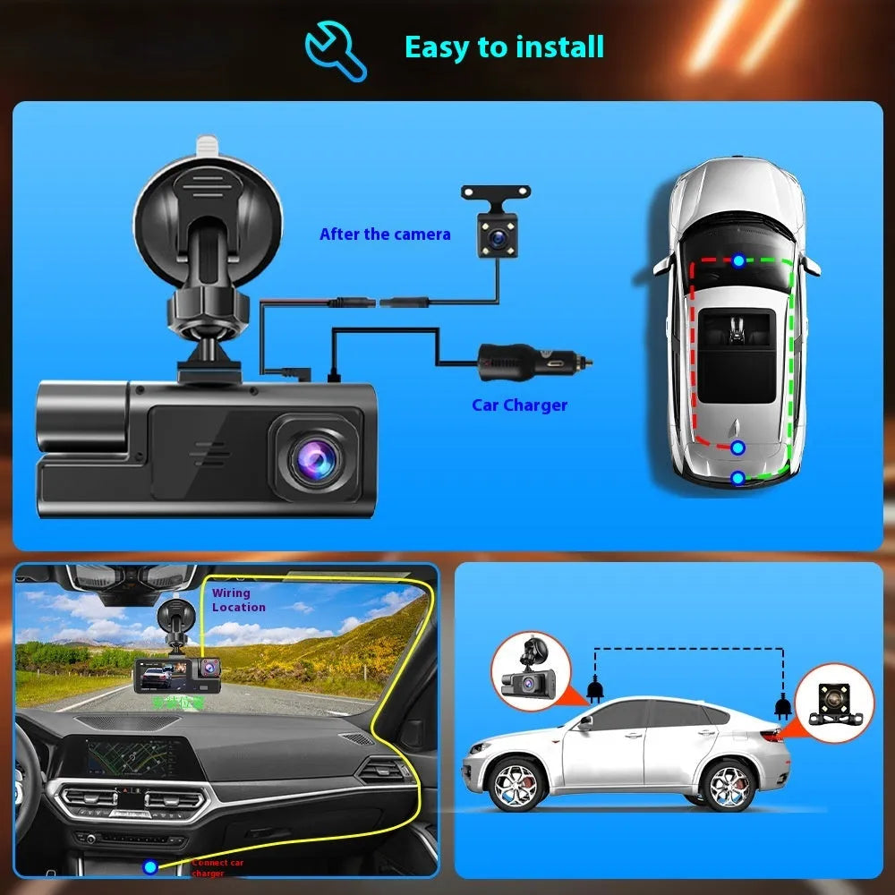 WiFi-enabled car dash cam on windscreen with 2-inch screen and data cable