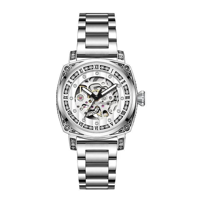 Mechanical wristwatch with luminous dial on leather strap, available in multiple colours including black, red and white