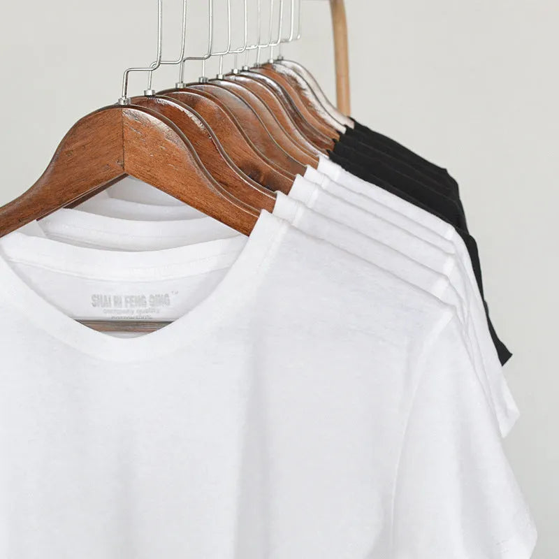 Men's solid colour cotton round neck T-shirt on a hanger