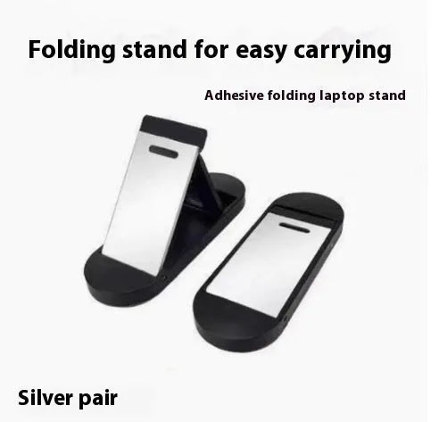 Portable aluminium alloy folding laptop bracket in silver and white colours with 3M adhesive backing