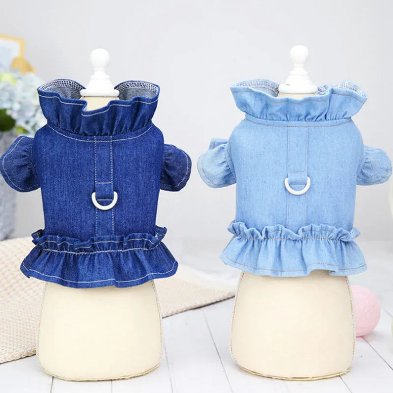 Blue denim dog dress with ruffle vest design and chest leash hook in various sizes