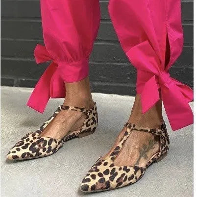 Women's leopard print pointed-toe pumps with cross strap and chunky low heel