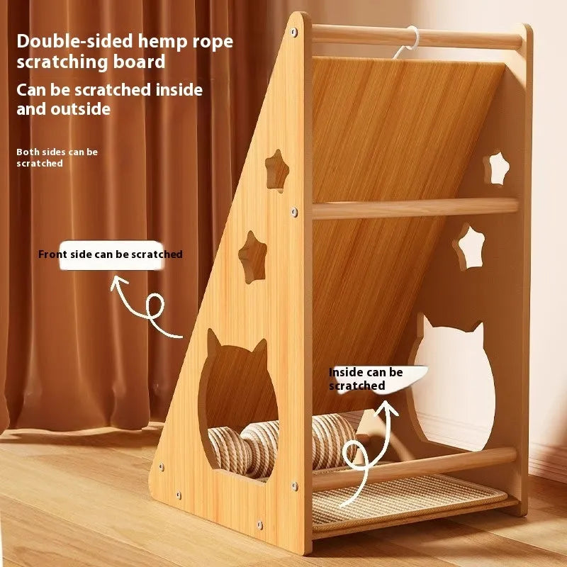 Vertical cat scratch board with hemp rope and teasing ball design, wall-mounted scratching post set