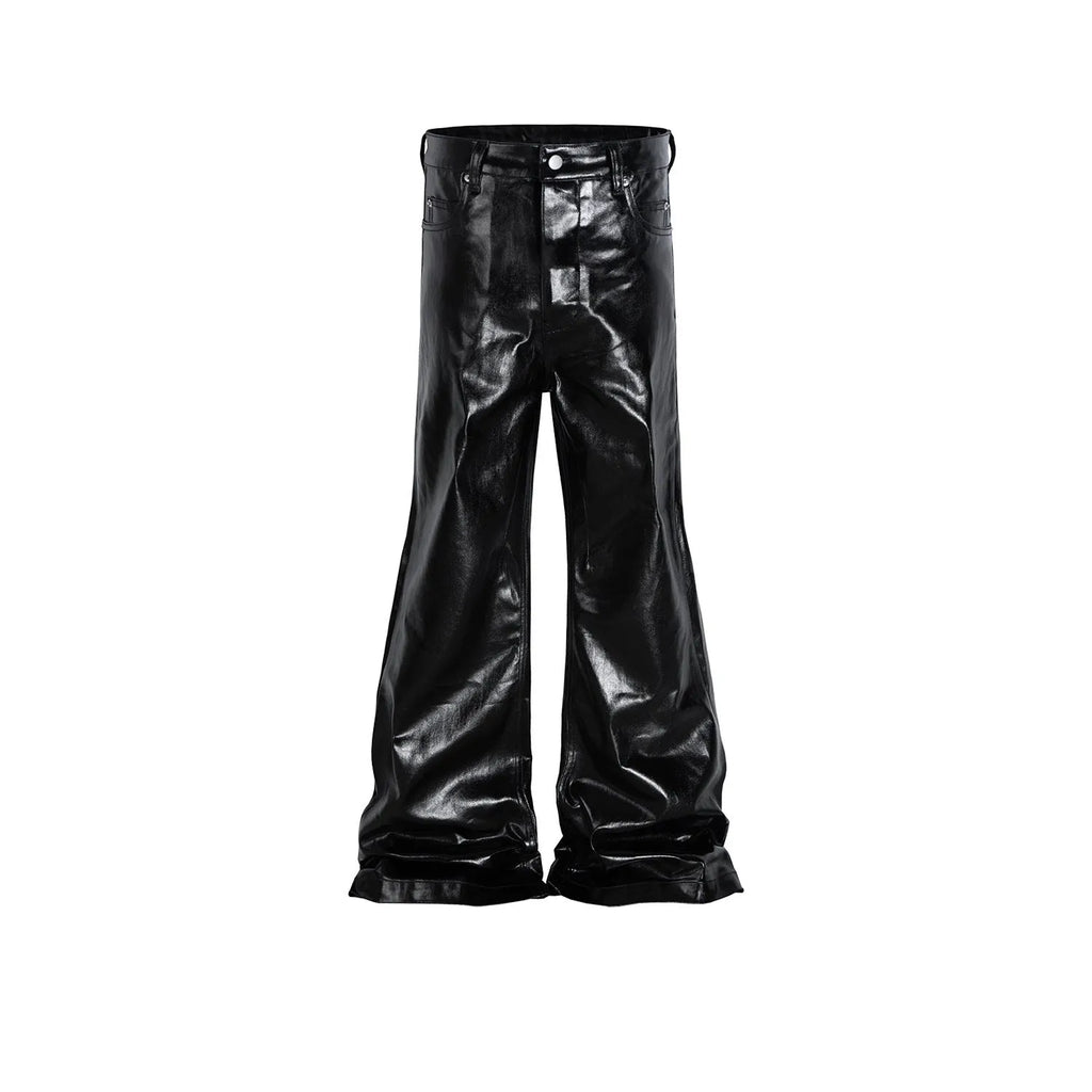 Black shiny patent leather skinny jeans with straight leg design and mid waist