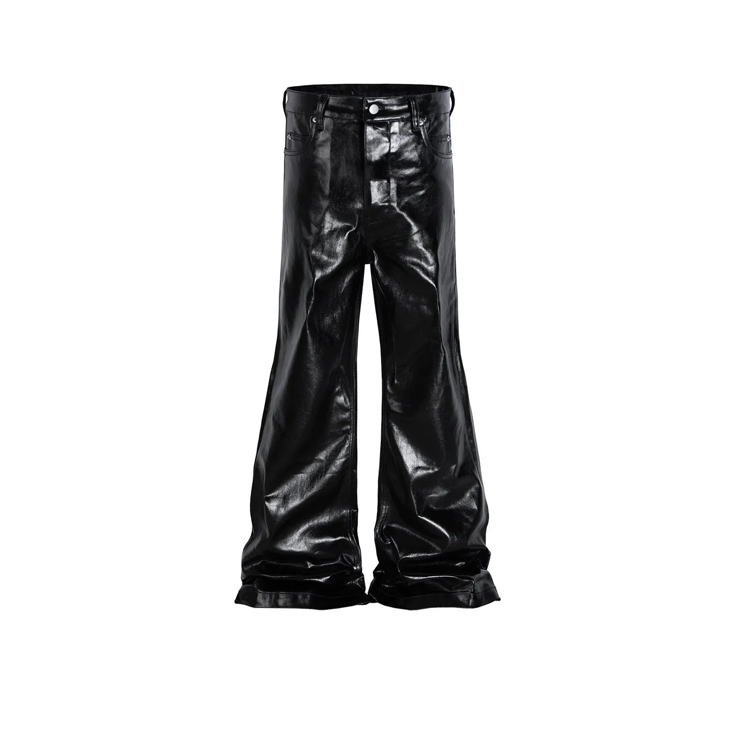 Black shiny patent leather skinny jeans with straight leg design and mid waist