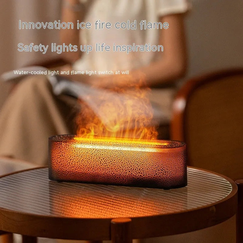 Square creative lava flame aroma diffuser humidifier on desktop with USB cable
