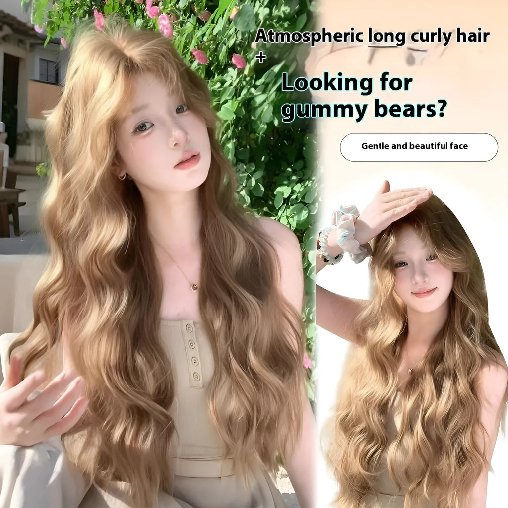 Medium length curly synthetic wig in linen brown colour with defined curls and included hair net
