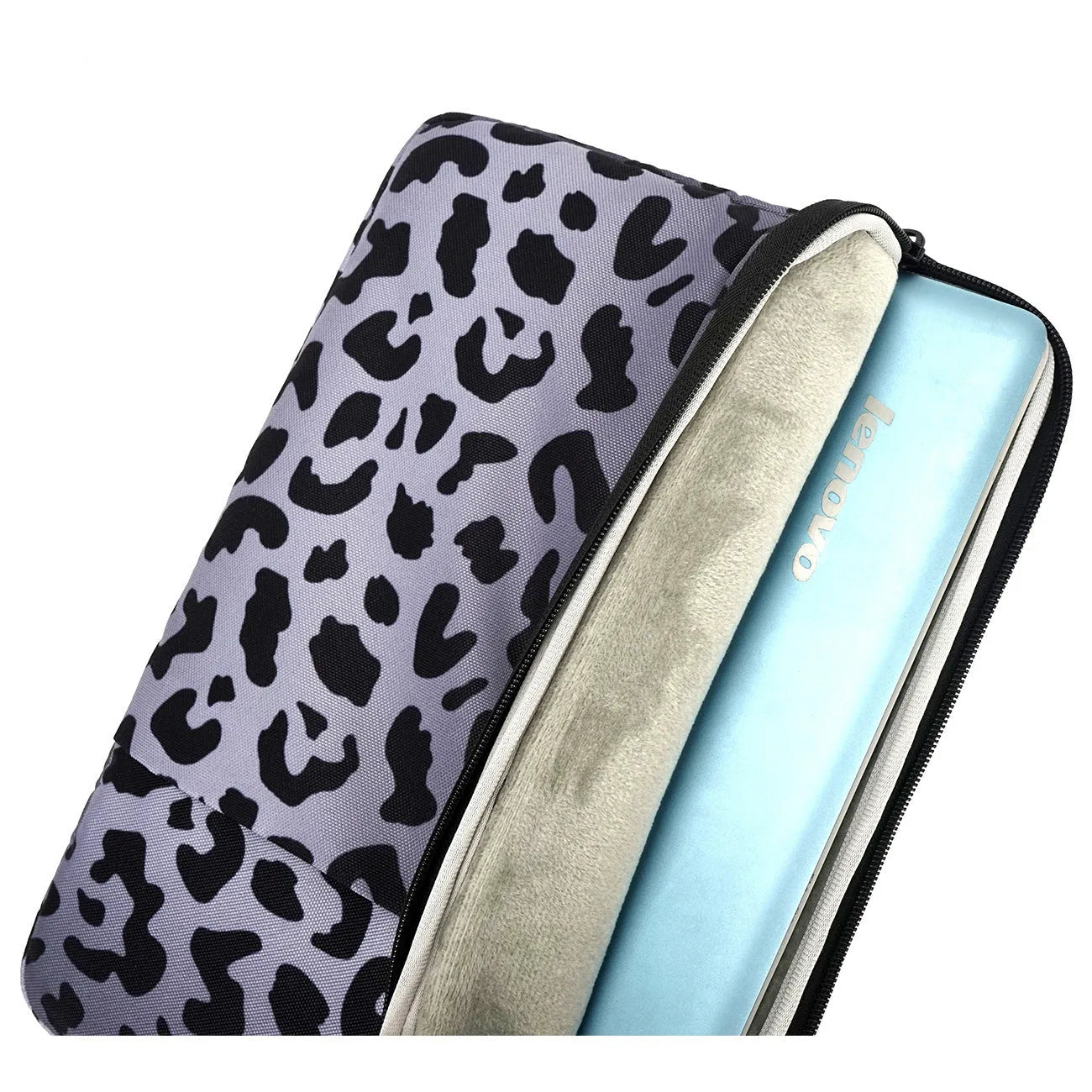 Leopard print laptop sleeve for 13-inch to 16-inch laptops with waterproof polyester and anti-shock protection