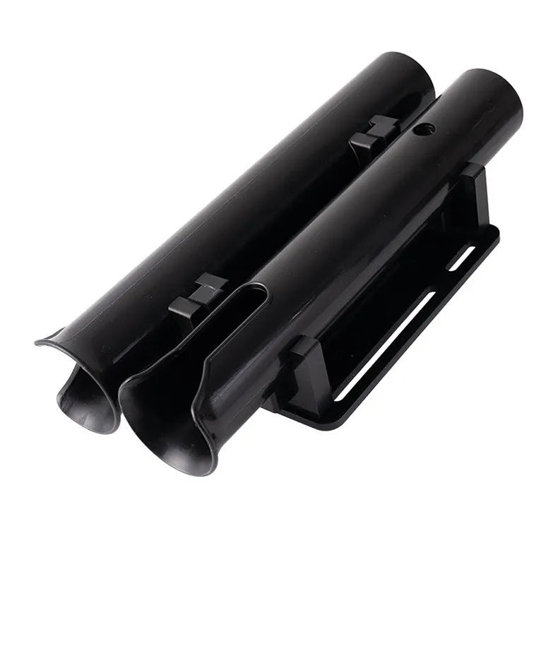 Motorcycle fishing rod rack with double-layer plastic construction and adjustable pipe clamp mounting system