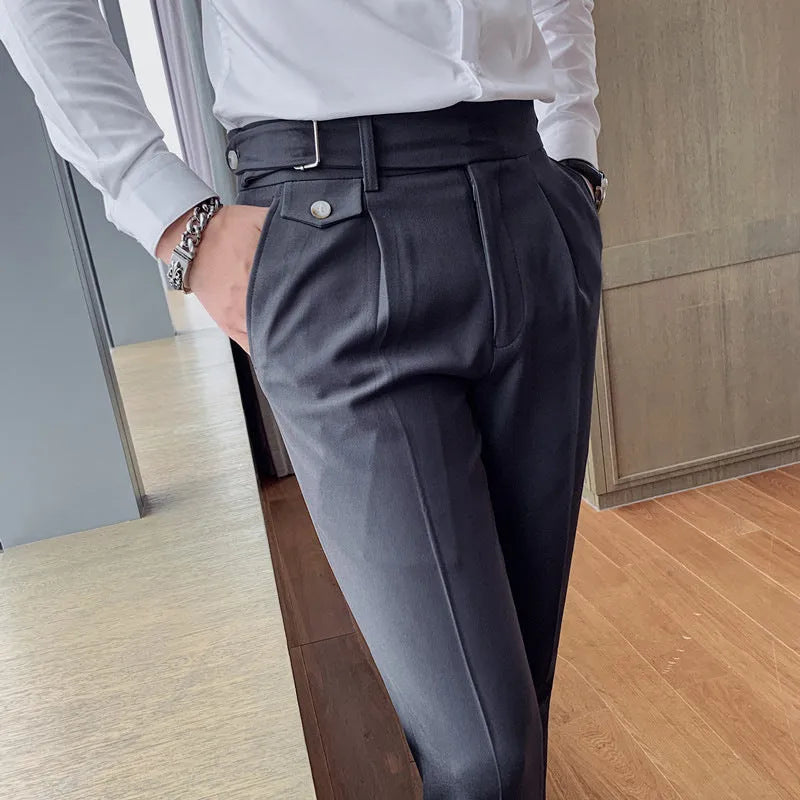 A pair of men's straight-leg casual trousers in a solid colour, laid flat to show the cut and fabric.