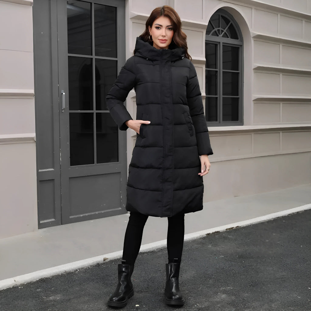 Black hooded slim fit long winter jacket for men on a hanger
