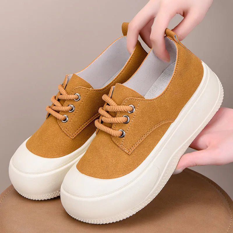 Women's camel suede platform loafers with 4cm heel and round toe