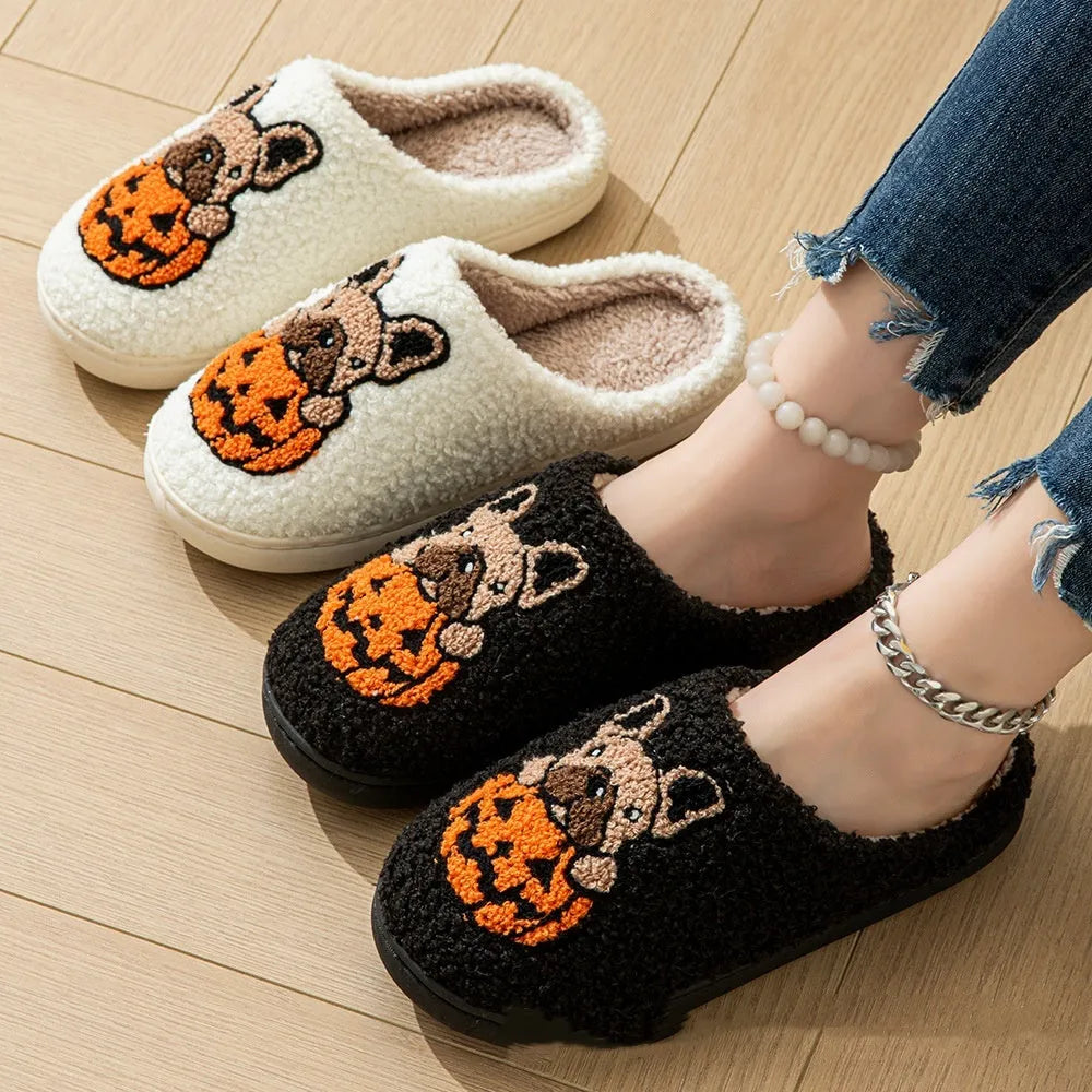 Halloween pumpkin house slippers in black or white with plush velvet cotton upper and non-slip TPR rubber sole