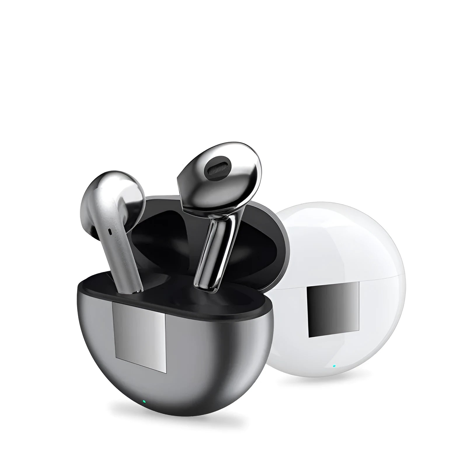 White Bluetooth wireless earbuds with charging compartment showing semi-in-ear design