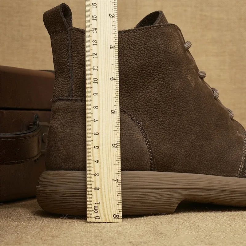 Grey retro Martin boots with genuine leather upper, wedge heel, and front lace-up design.
