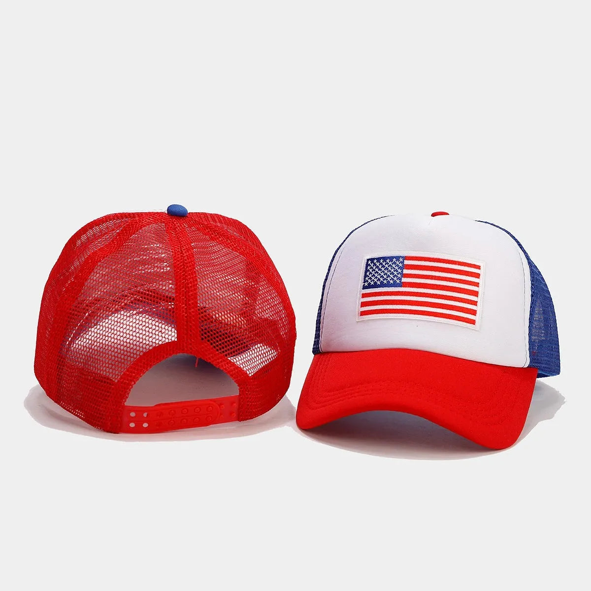 Red and blue contrast mesh baseball cap with adjustable strap and dome crown