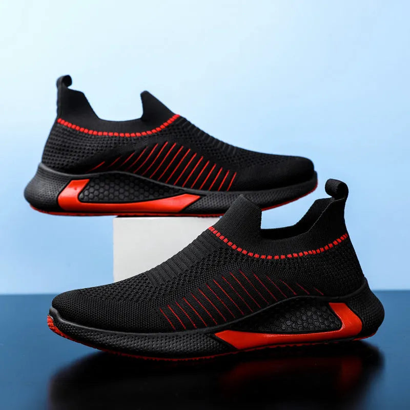 Men's striped mesh sock shoes with Flyknit upper and lace-up front in black colour