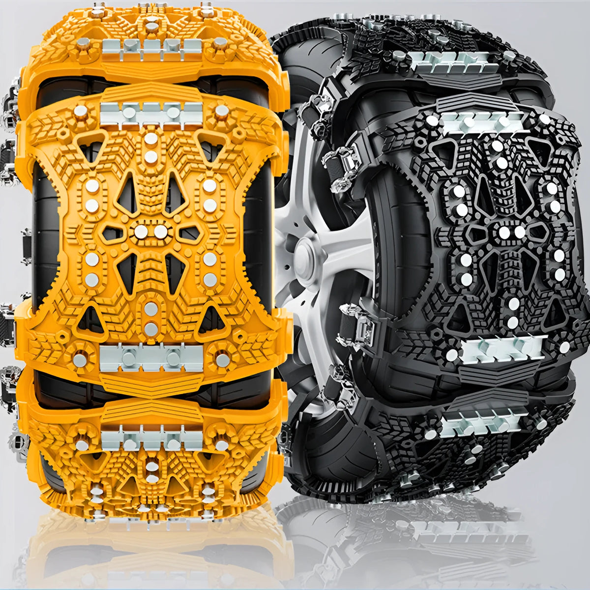 Universal car and SUV anti-skid chain kit with steel gear, tools, and snow shovel in black or yellow.