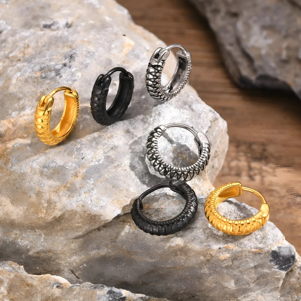Stainless steel snake pattern earrings for men in black and gold options