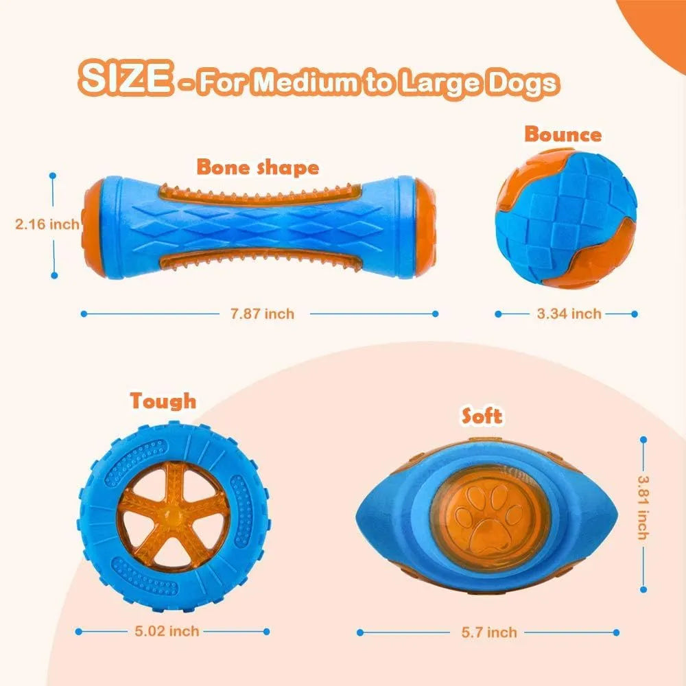 Set of three TPR dog toys: a floating ball, barbell and tyres with bumpy textures for squeaky fetch play.