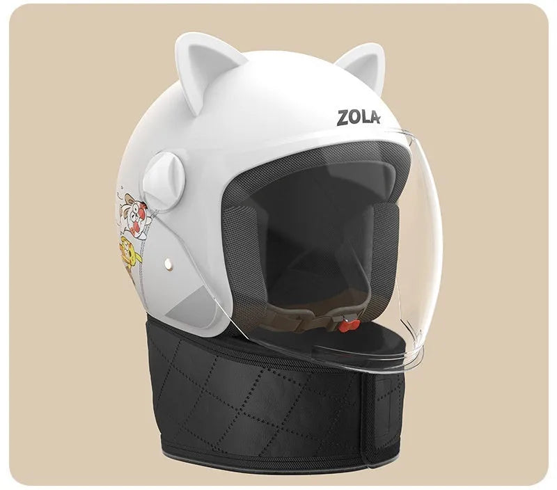 Blue winter electric bicycle helmet with attached ear scarf and a clear anti-fog visor.