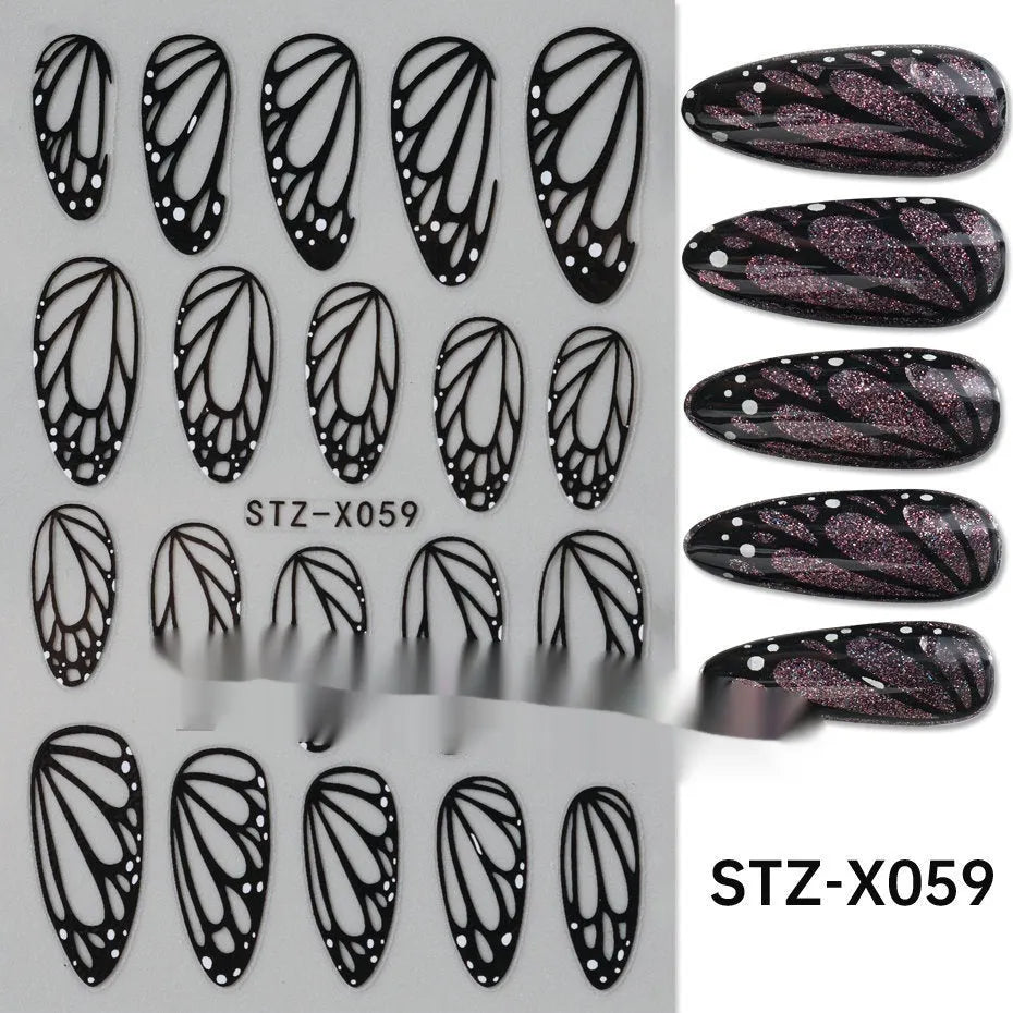 Cartoon nail art stickers with black and silver strip love pattern design