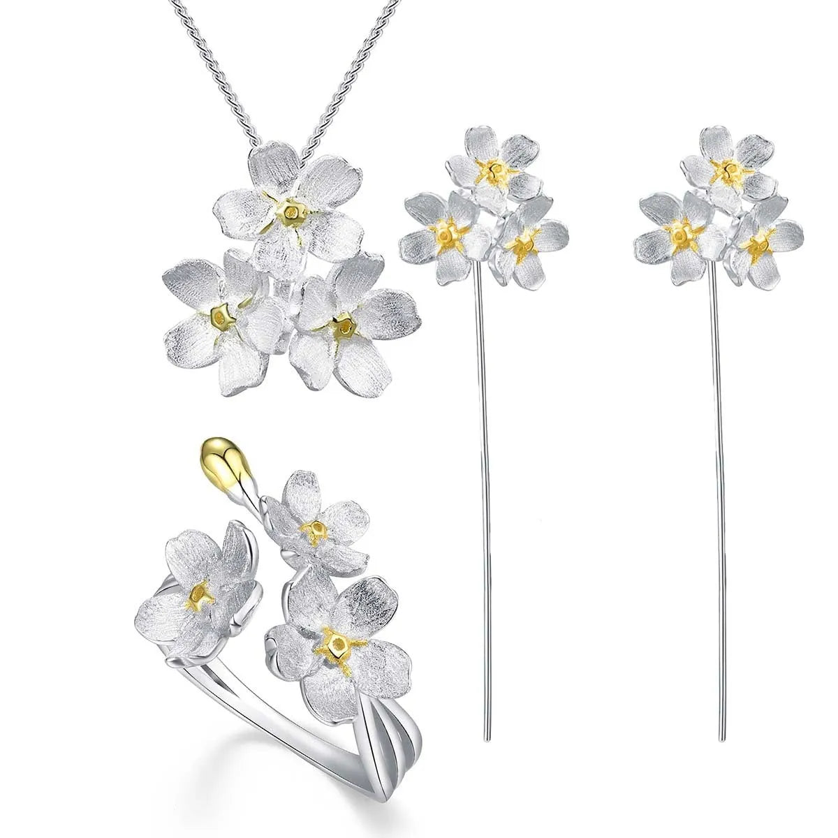 Myosotis Sylvatica sterling silver pendant with floral design in gold, silver, or silver gold electroplated finish.