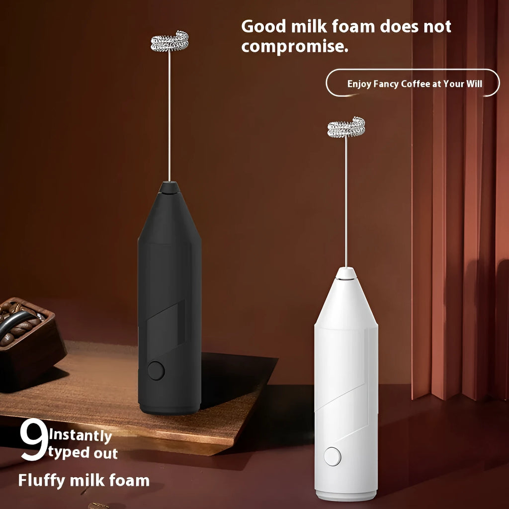 Mini handheld electric milk frother in black, white, or khaki colours with USB charging cable