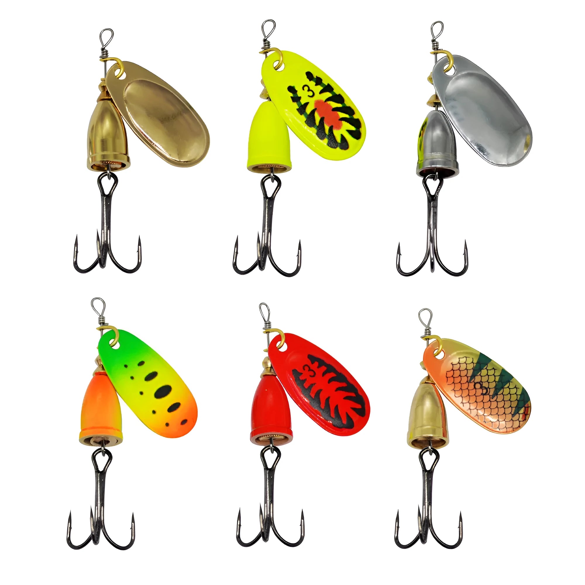 Rotating composite sequin copper bell metal fishing lure in seven colour variations on tackle background