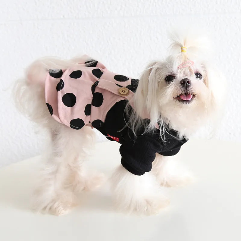 Adjustable shoulder strap dog clothing in cloth fabric with pant and skirt style options