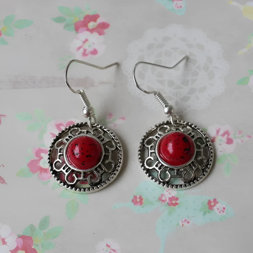 Handmade Miao silver turquoise ethnic earrings with geometric flower disk shape