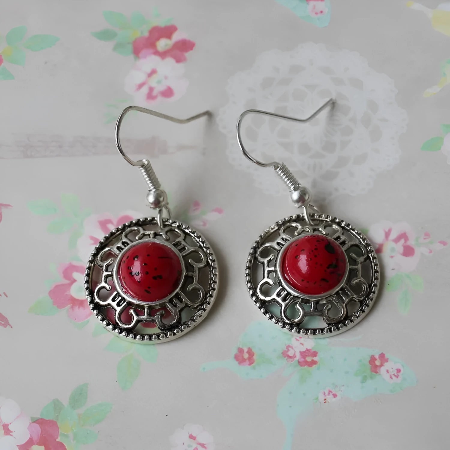 Handmade Miao silver turquoise ethnic earrings with geometric flower disk shape