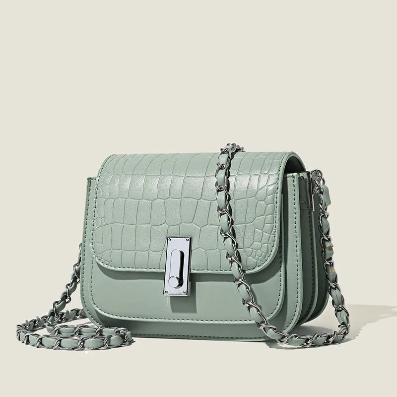 Soft PU women's cross-body chain shoulder bag in horizontal square shape with organised compartments