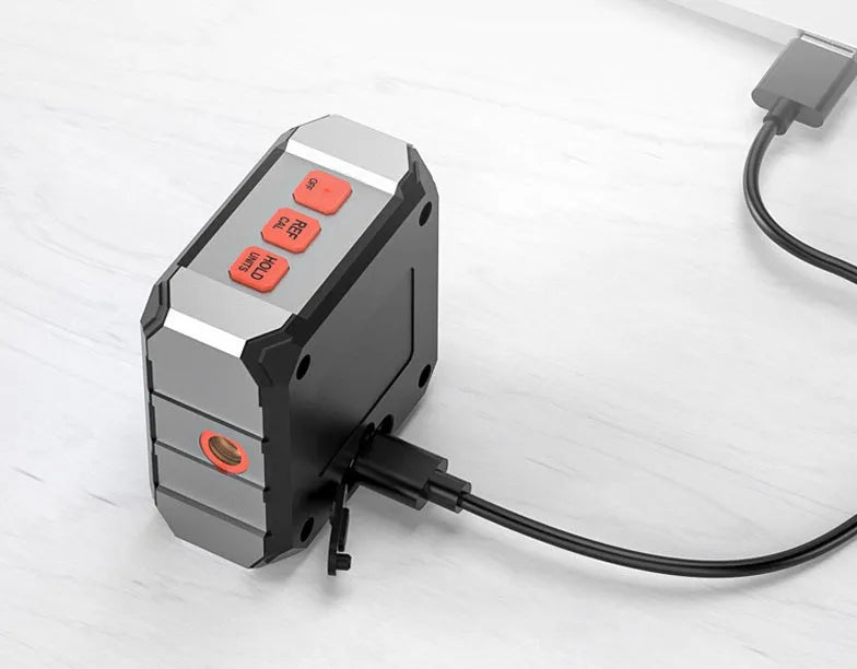 Digital inclinometer laser tape measure with alloy case and backlit display showing 40m range capability