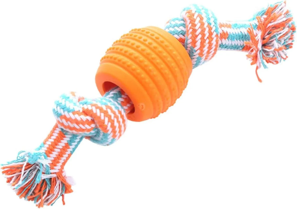 Blue molar-shaped dog chew toy with natural rubber rope attachment for dental cleaning