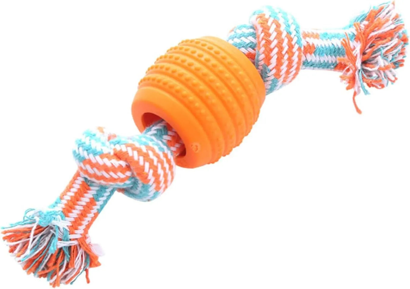 Blue molar-shaped dog chew toy with natural rubber rope attachment for dental cleaning