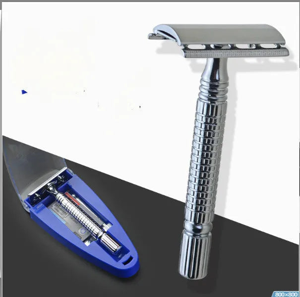Superior double-edged safety razor, blade, and storage box shaving kit.