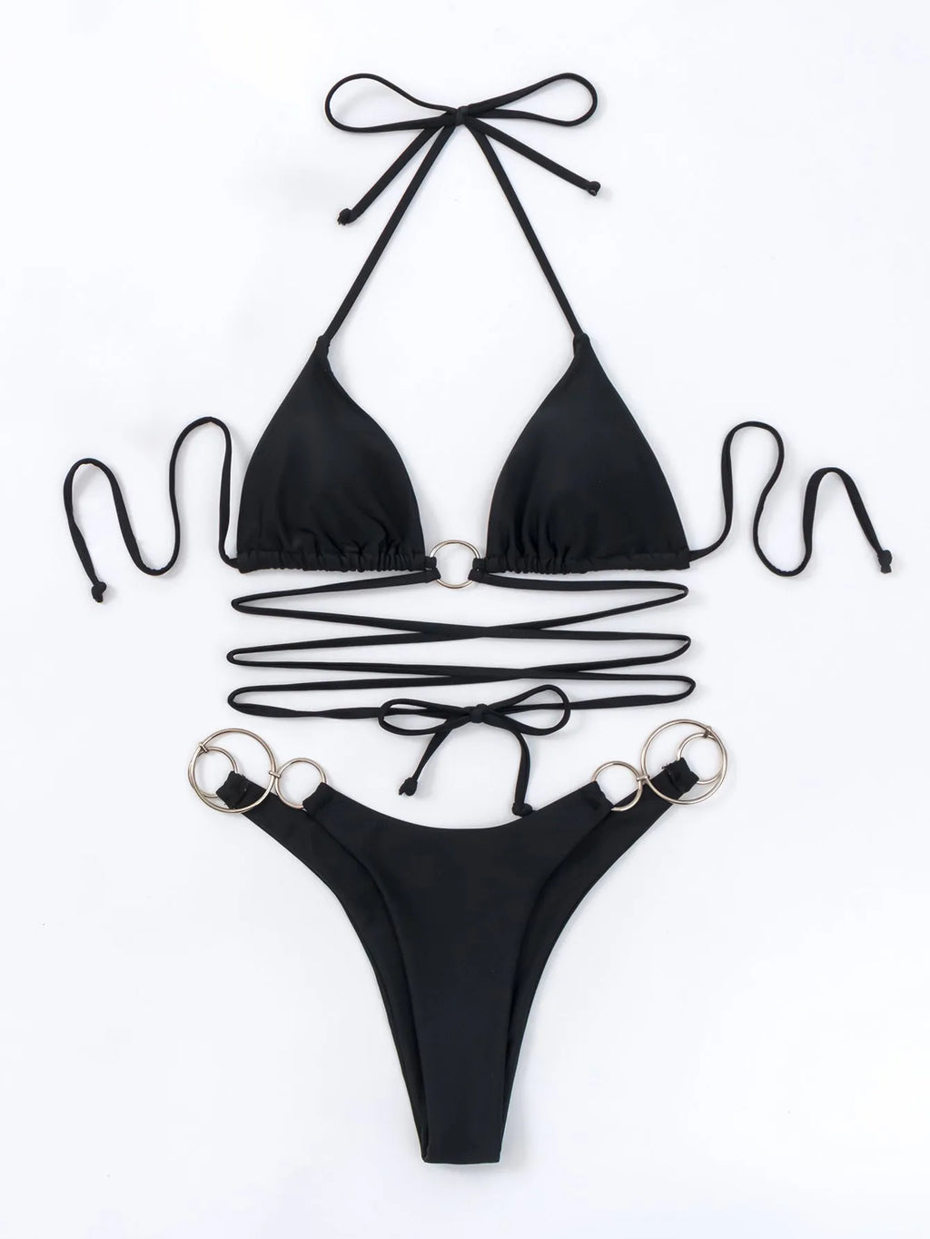 Black women's bikini set with metal rings on the straps and a backless design