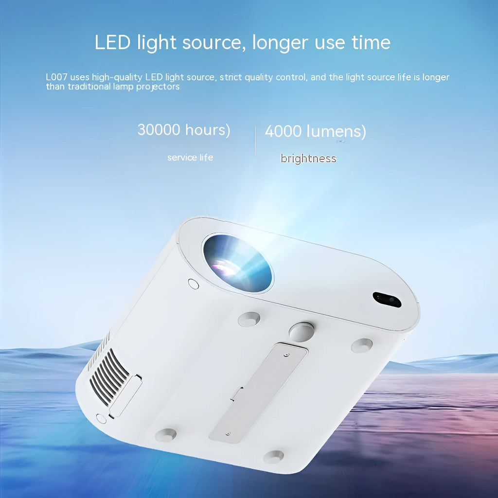 White Full HD smart projector with remote control on a wooden surface.