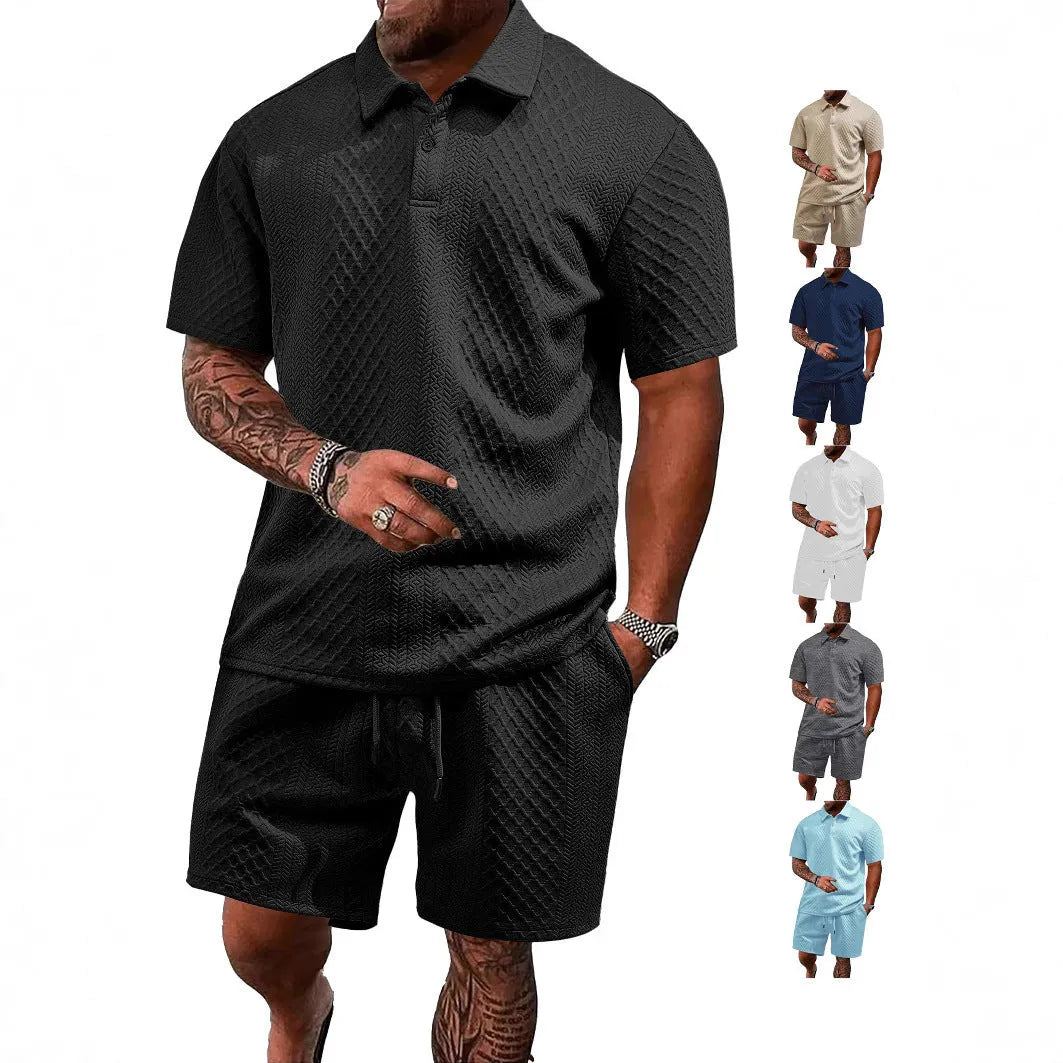 Men's patterned polyester casual suit with short sleeve polo top and pants in multiple colour options