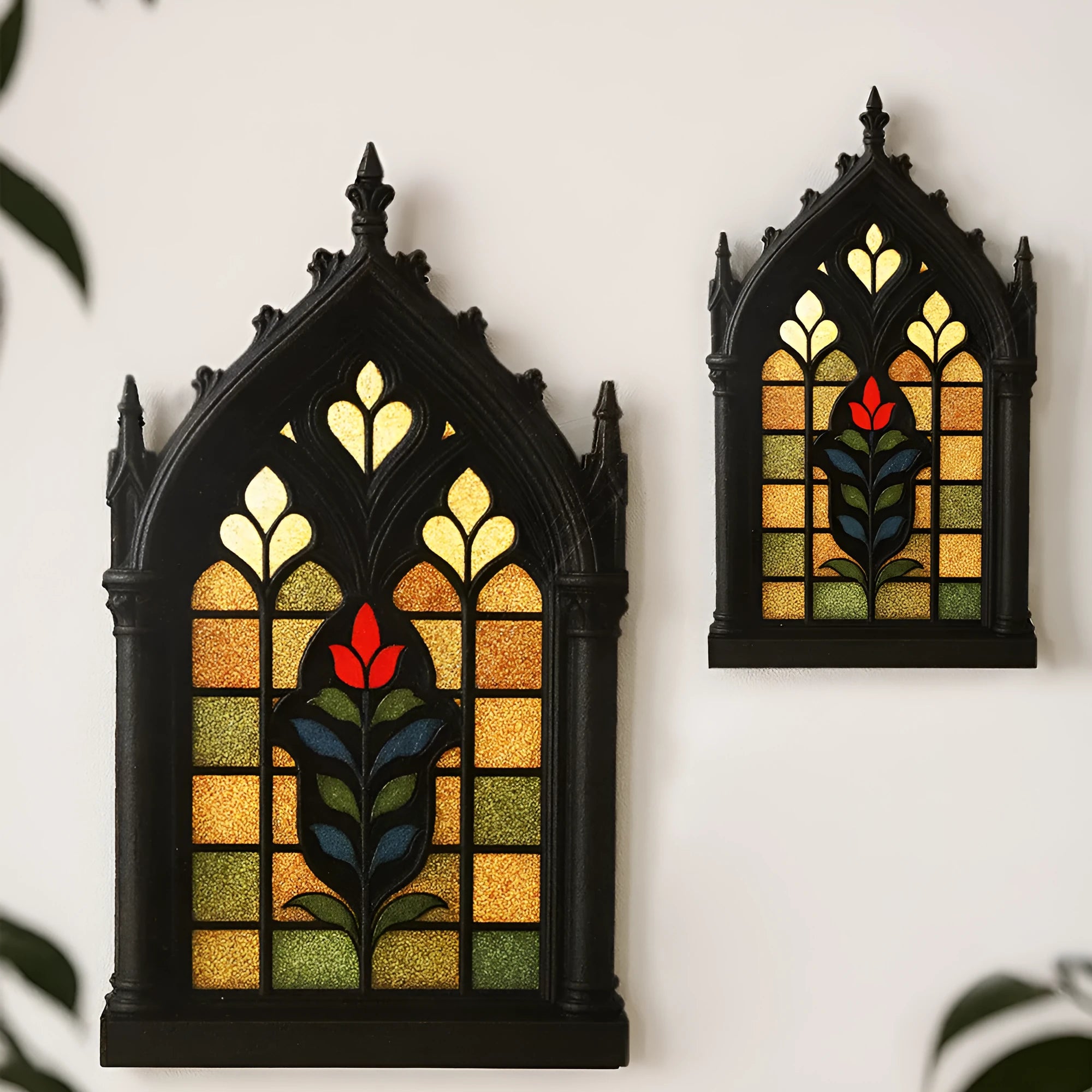 Black Gothic style wooden wall-mounted storage rack decoration on a plain wall.