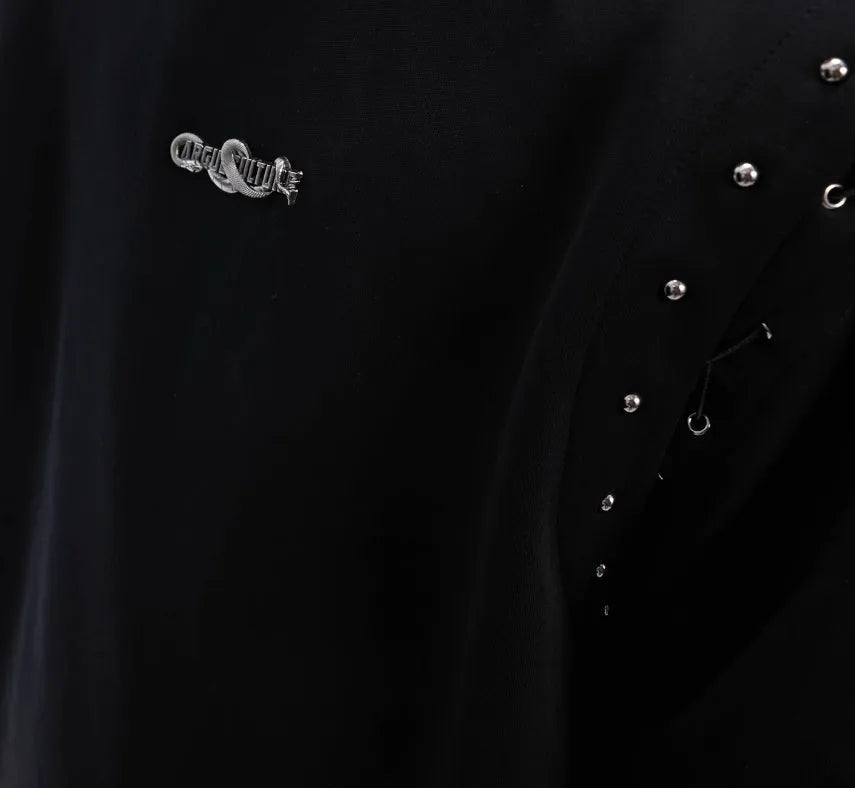 Black short sleeve t-shirt with side lace-up cutout detail on white background