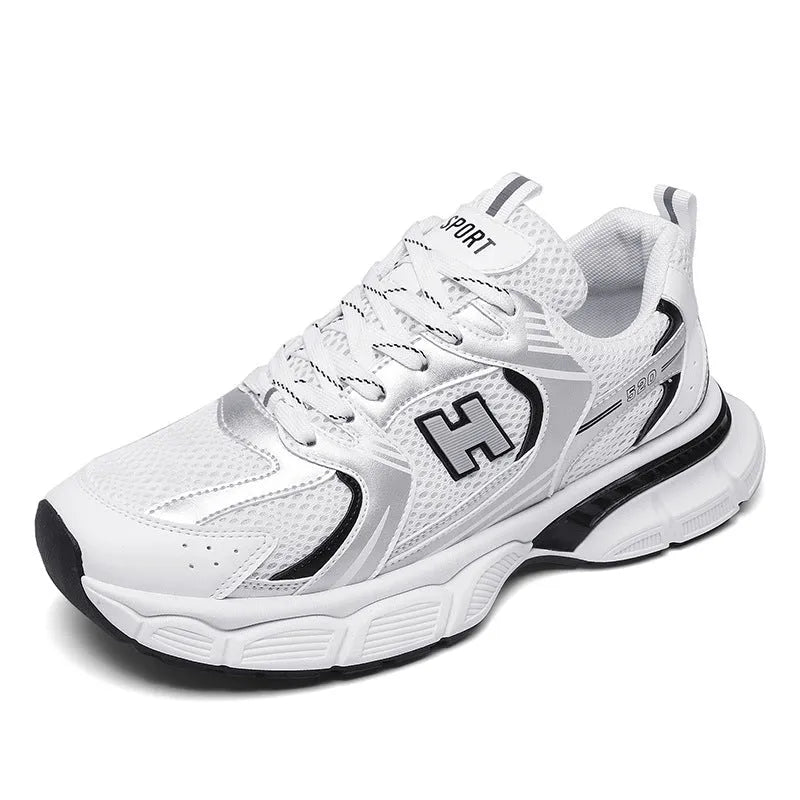 Men's mesh running shoes with plastic sole in three colour options showing round toe design