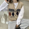 Diamond plaid pattern sleeveless loose cardigan top in three colour options