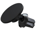 Black aluminium alloy magnetic phone holder attached to a car's circular air vent.