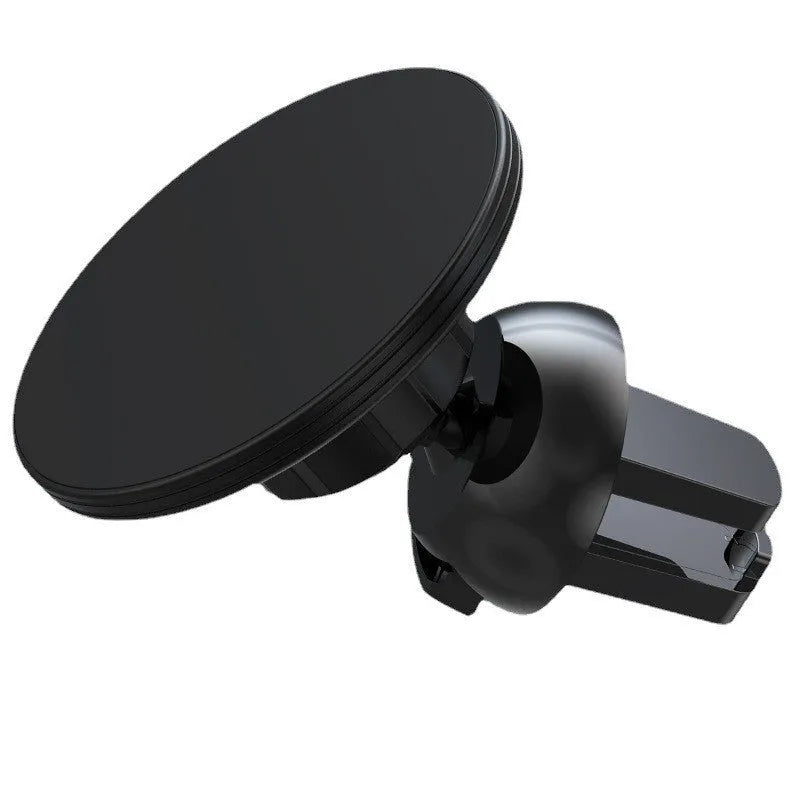 Black aluminium alloy magnetic phone holder attached to a car's circular air vent.