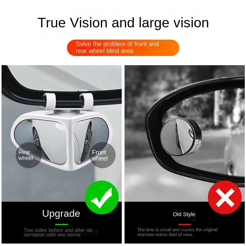 Adjustable wide-angle car reversing mirror on a vehicle, showing black ABS shell.