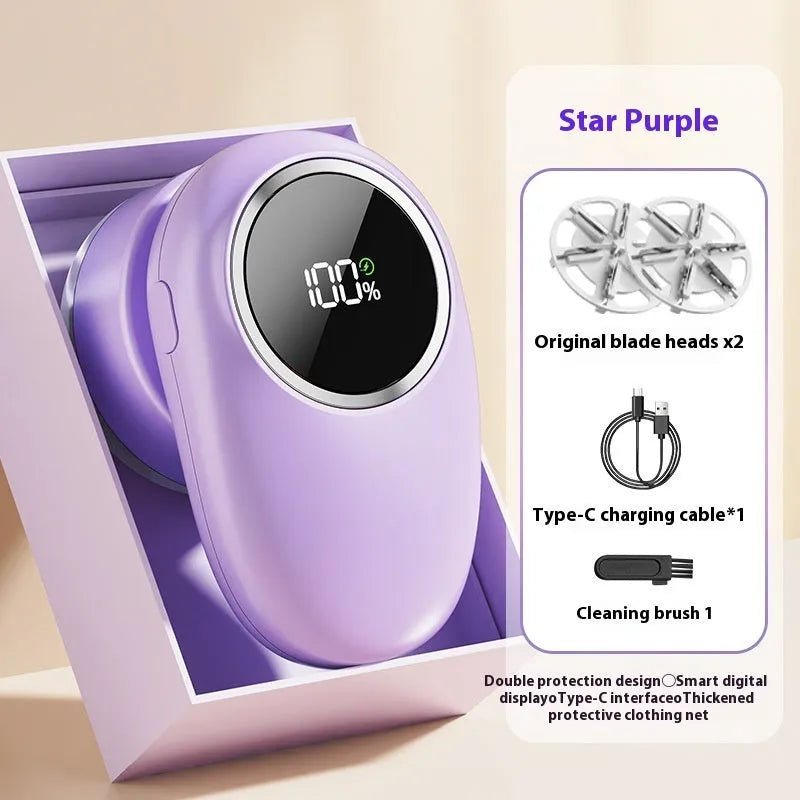 Beige and purple digital display fur ball trimmer with multiple cutter heads and USB-C cable