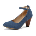 Blue denim women's platform heel shoes with a buckle strap and waterproof sole.